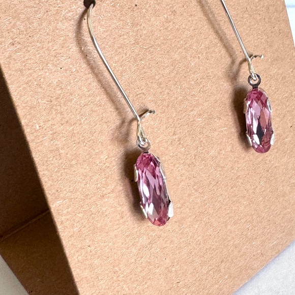 Silver and Pink Rhinestone Crystals Silver Plated Long Hook Earrings Item #355 - Picture 2 of 4